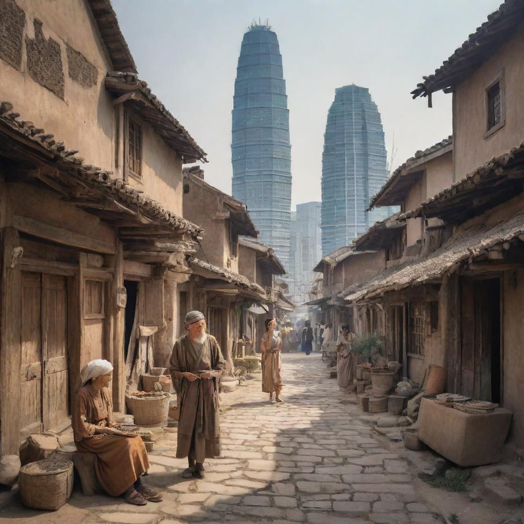 A contrasting image that shows half of the scene as daily life in ancient times with rustic dwellings, people in ancient attire, and old technology, and the other half as modern life with skyscrapers, stylish fashion, and advanced technology.