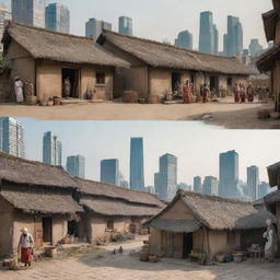 A contrasting image that shows half of the scene as daily life in ancient times with rustic dwellings, people in ancient attire, and old technology, and the other half as modern life with skyscrapers, stylish fashion, and advanced technology.