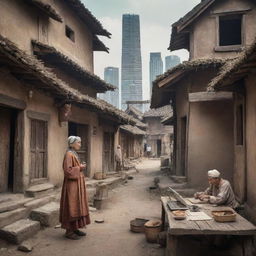 A contrasting image that shows half of the scene as daily life in ancient times with rustic dwellings, people in ancient attire, and old technology, and the other half as modern life with skyscrapers, stylish fashion, and advanced technology.