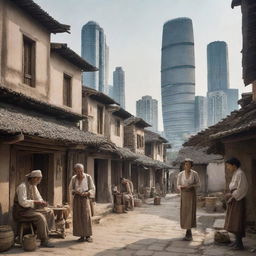 A contrasting image that shows half of the scene as daily life in ancient times with rustic dwellings, people in ancient attire, and old technology, and the other half as modern life with skyscrapers, stylish fashion, and advanced technology.