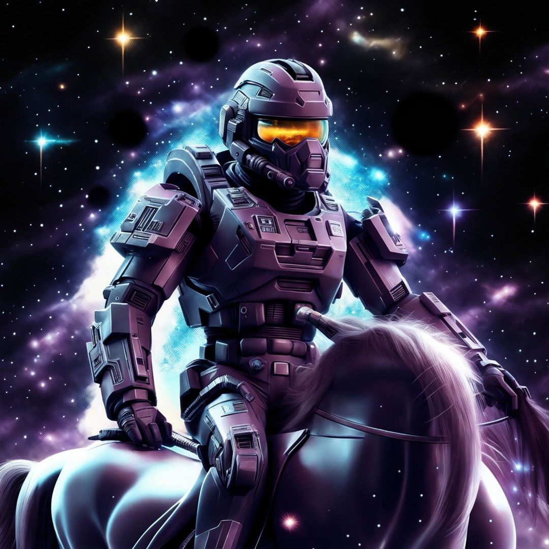 Ultra high-definition cosmic digital art focusing on Masterchief from Halo elegantly riding a steel unicorn amongst the stars.