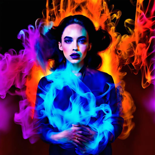 An editorial image of a Natalie Portman-like, 40-year-old woman encompassed by ethereal smoke with an appearance of liquid, illuminated by vibrant orange and blue neon lights, wrapped in organic formations, captured with a slow shutter technique.