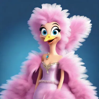 In the animated series, the character's costume is embellished with marabou feathers, lending a glamorous and extravagant look to their outfit.