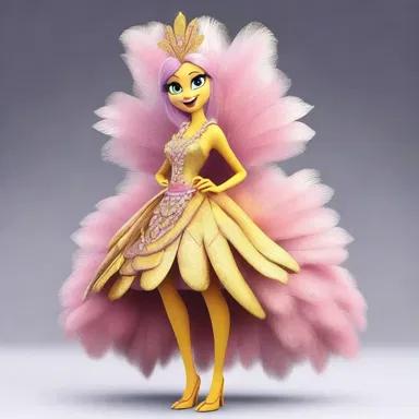 In the animated series, the character's costume is embellished with marabou feathers, lending a glamorous and extravagant look to their outfit.