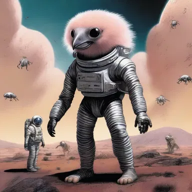 In the science fiction novel, a daring team of astronauts encounters a marabou-like creature on an alien planet.