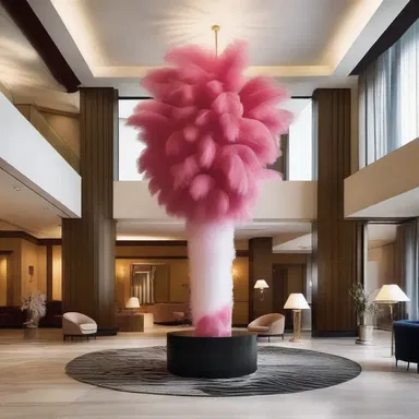 The hotel's luxurious lobby was decorated with a unique marabou sculpture, adding an exotic touch to the interior design.
