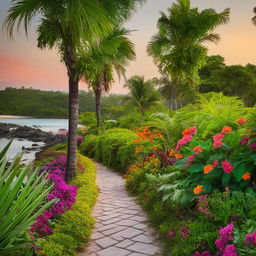 A serene pathway leading towards a visually striking paradise, with lush greenery, vibrant flowers and a glowing sunset backdrop.