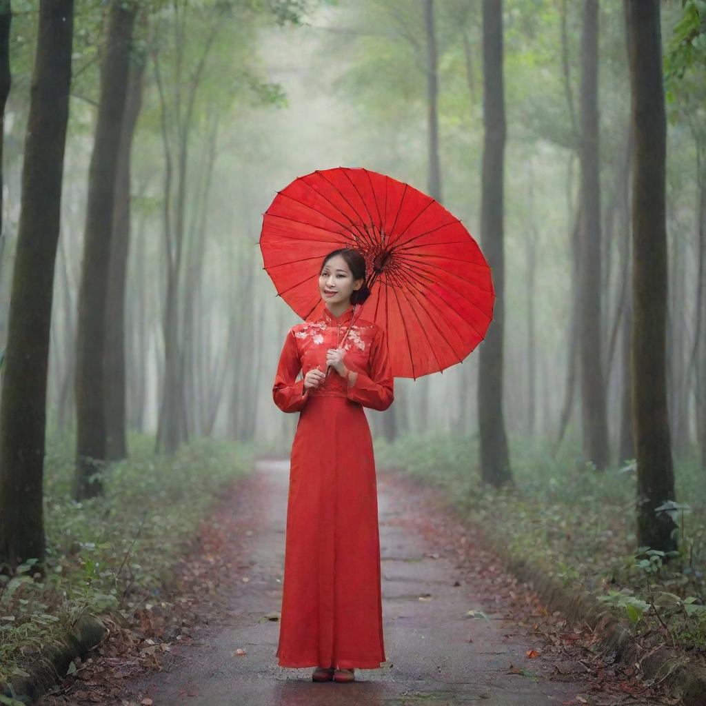 Paint a scene of a girl in a red Ao Dai standing in the middle of the forest, holding a red umbrella in her hand.