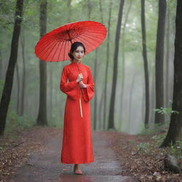 Paint a scene of a girl in a red Ao Dai standing in the middle of the forest, holding a red umbrella in her hand.