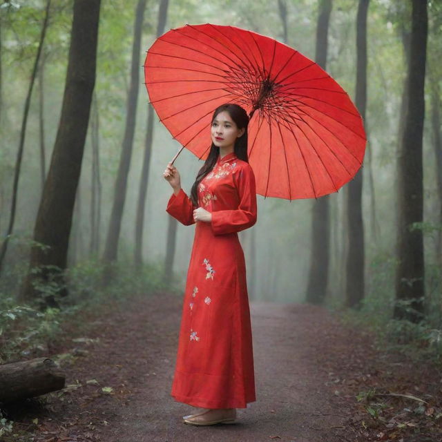 Paint a scene of a girl in a red Ao Dai standing in the middle of the forest, holding a red umbrella in her hand.