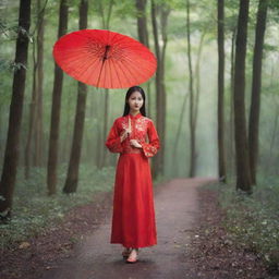 Paint a scene of a girl in a red Ao Dai standing in the middle of the forest, holding a red umbrella in her hand.