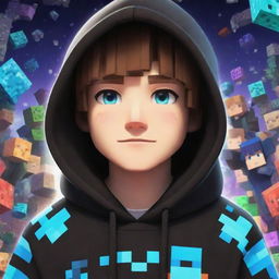 Anime boy character wearing a black hoodie with a vibrant and lively Minecraft game background