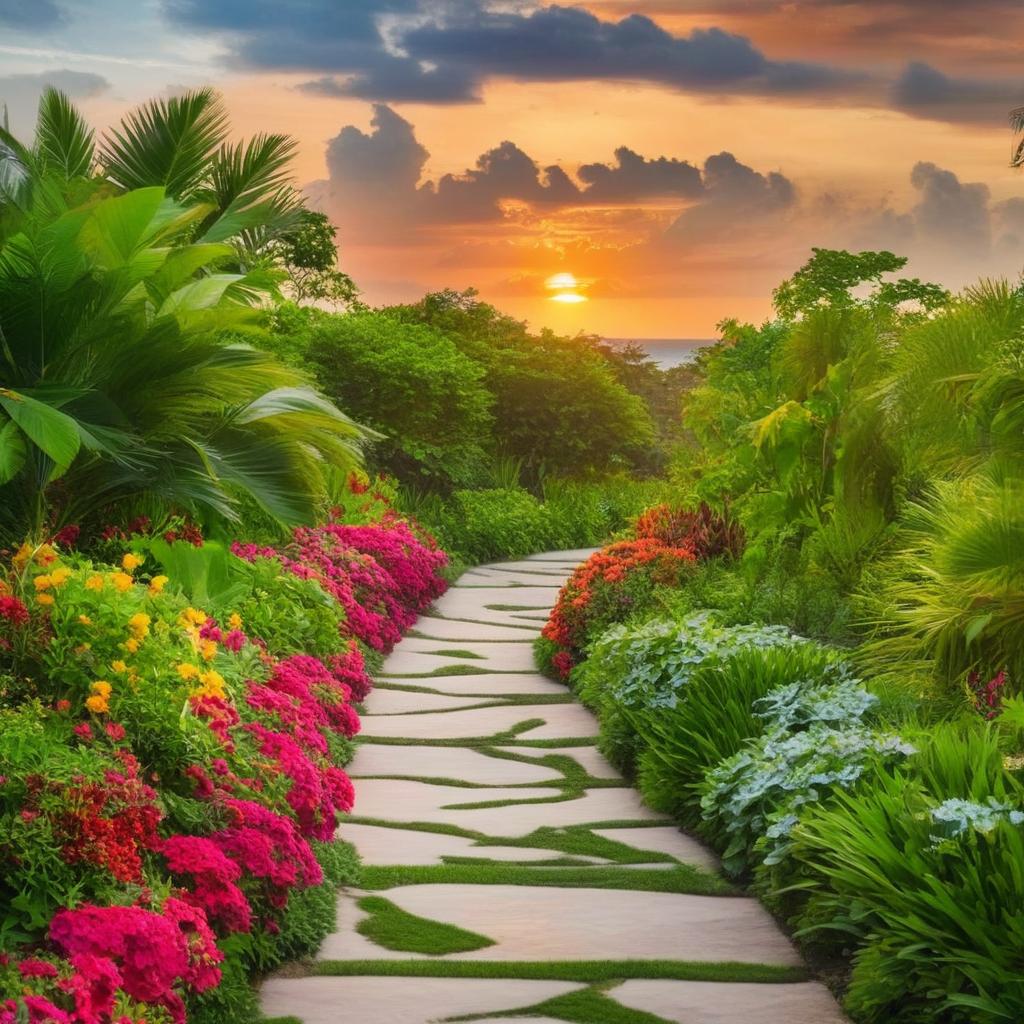 A serene pathway leading towards a visually striking paradise, with lush greenery, vibrant flowers and a glowing sunset backdrop.