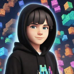 Anime boy character wearing a black hoodie with a vibrant and lively Minecraft game background