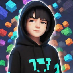 Anime boy character wearing a black hoodie with a vibrant and lively Minecraft game background