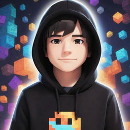 Anime boy character wearing a black hoodie with a vibrant and lively Minecraft game background