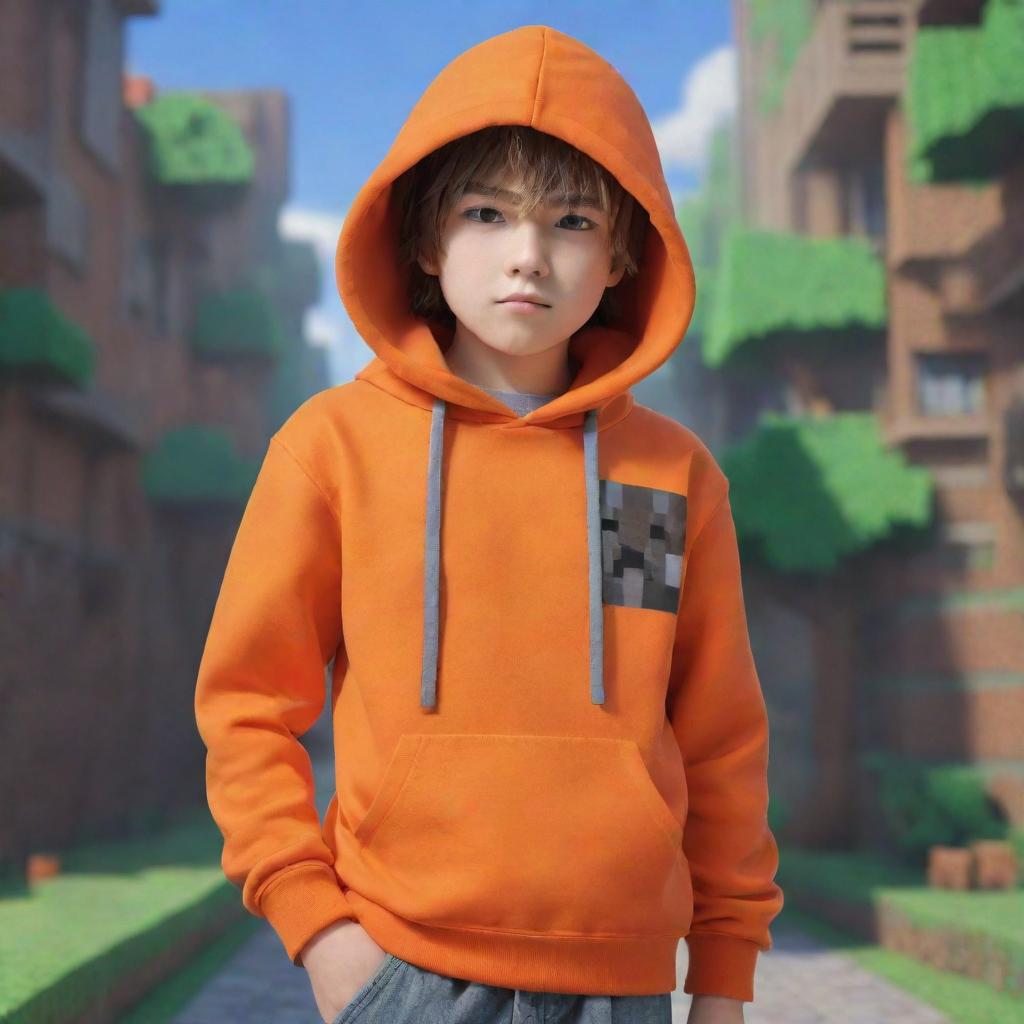 Anime boy character wearing an orange hoodie with a dynamic and richly detailed Minecraft game background