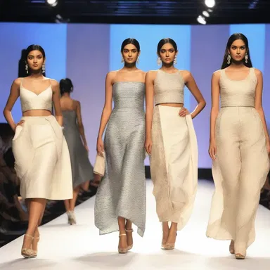 The fashion show showcased a collection of trendy outfits made from expensive cambric fabric.