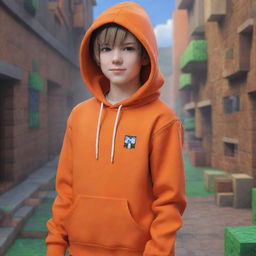 Anime boy character wearing an orange hoodie with a dynamic and richly detailed Minecraft game background