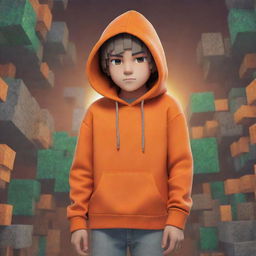 Anime boy character wearing an orange hoodie with a dynamic and richly detailed Minecraft game background