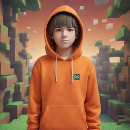 Anime boy character wearing an orange hoodie with a dynamic and richly detailed Minecraft game background