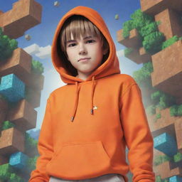 Cool anime boy character sporting an orange hoodie set against an intricate and exciting Minecraft game background