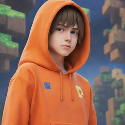 Cool anime boy character sporting an orange hoodie set against an intricate and exciting Minecraft game background