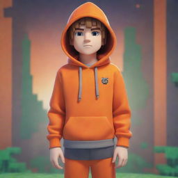 Cool anime boy character sporting an orange hoodie set against an intricate and exciting Minecraft game background