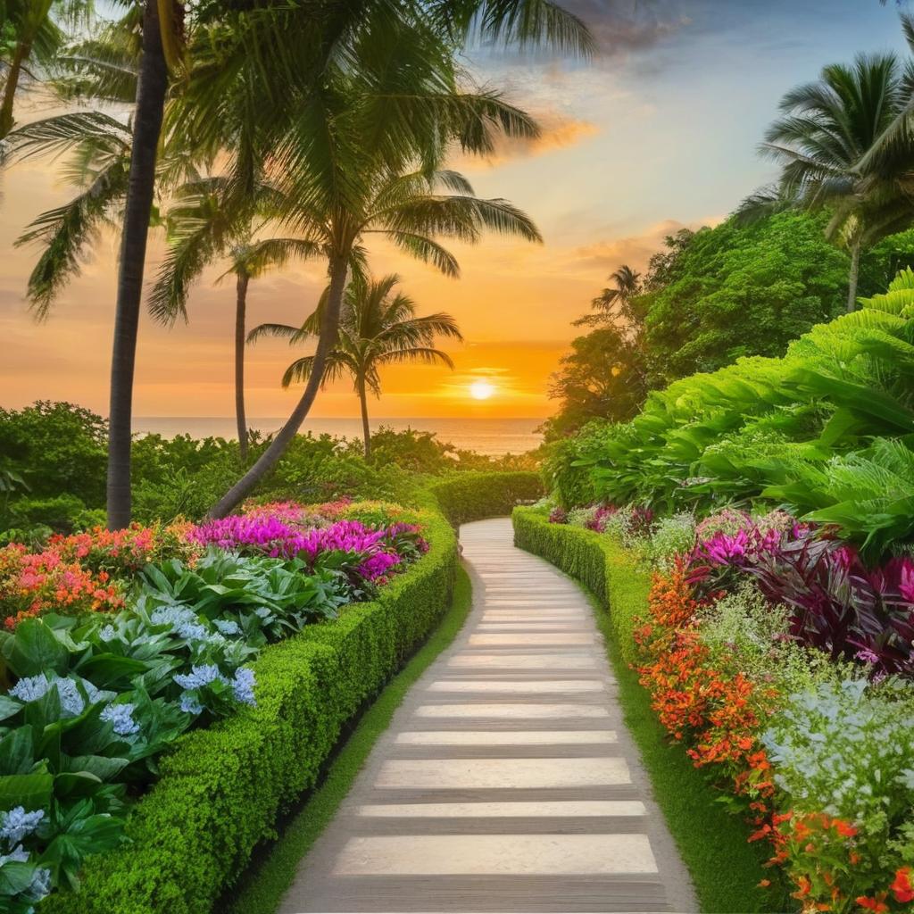 A serene pathway leading towards a visually striking paradise, with lush greenery, vibrant flowers and a glowing sunset backdrop.