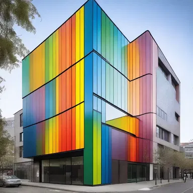 The modern building incorporated spectrographic panels in its design, creating a vibrant and unique facade.