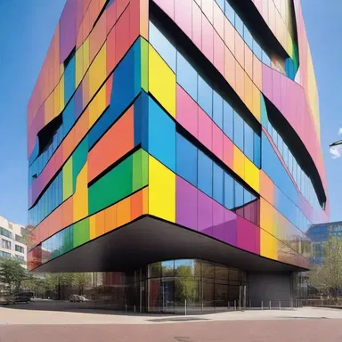 The modern building incorporated spectrographic panels in its design, creating a vibrant and unique facade.