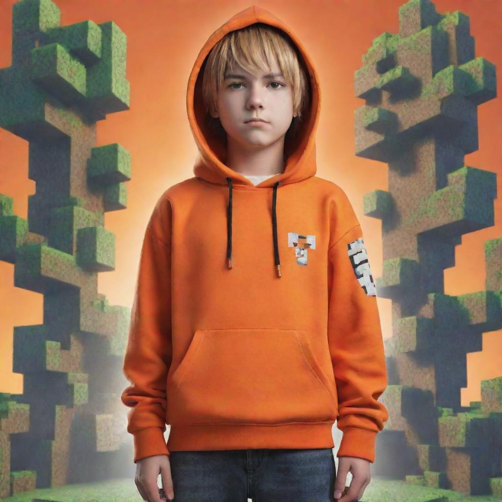 Cool anime boy character sporting an orange hoodie set against an intricate and exciting Minecraft game background