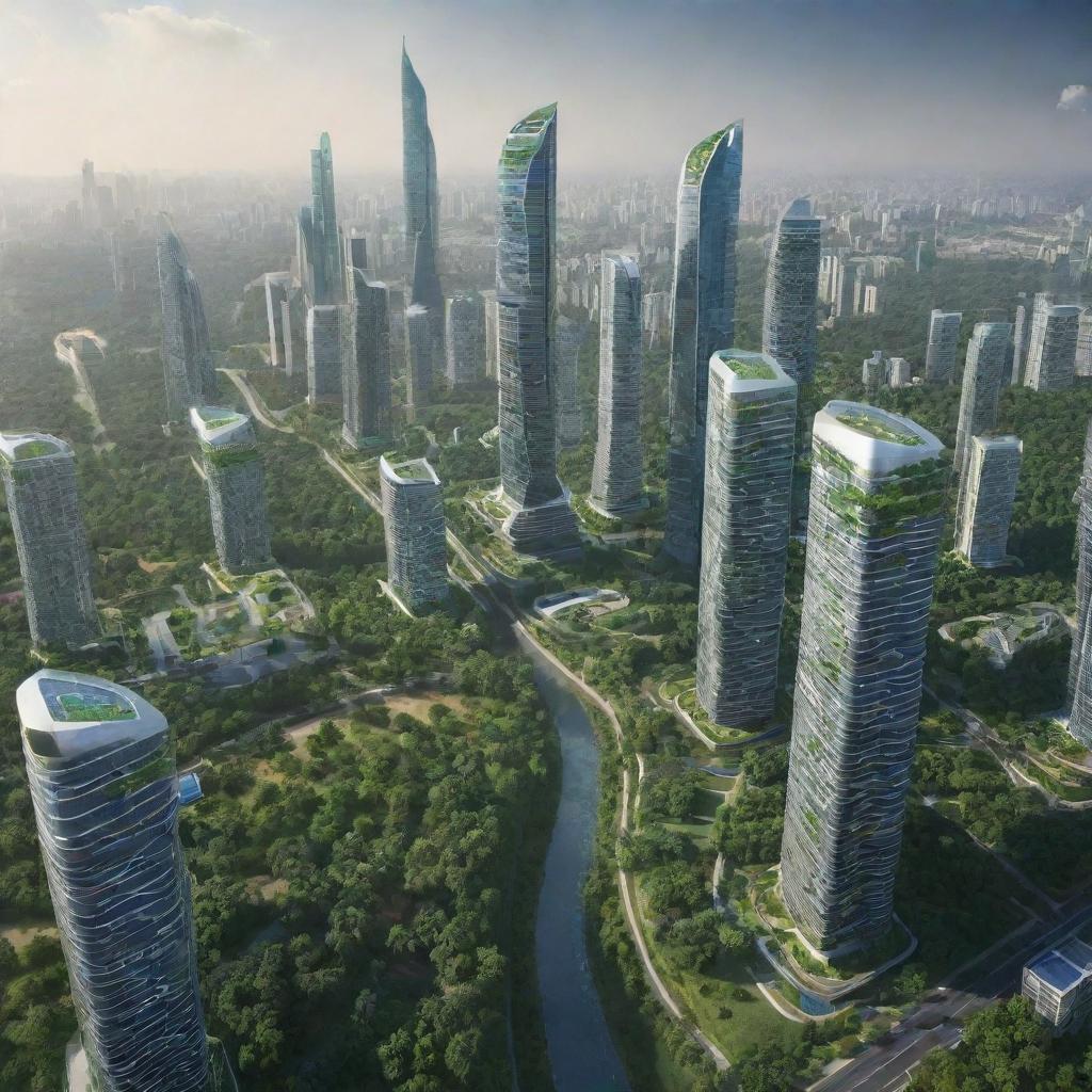 Futuristic depiction of India in 2050, showcasing advanced skyscrapers, solar-powered infrastructure, lush green parks, and bustling smart cities.