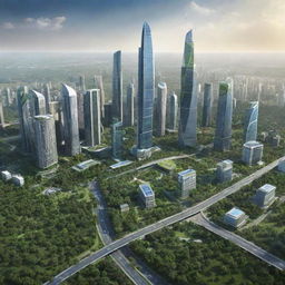 Futuristic depiction of India in 2050, showcasing advanced skyscrapers, solar-powered infrastructure, lush green parks, and bustling smart cities.