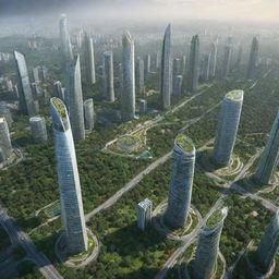 Futuristic depiction of India in 2050, showcasing advanced skyscrapers, solar-powered infrastructure, lush green parks, and bustling smart cities.