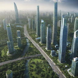 Futuristic depiction of India in 2050, showcasing advanced skyscrapers, solar-powered infrastructure, lush green parks, and bustling smart cities.