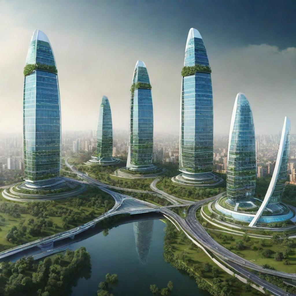 Futuristic vision of India in 2050 featuring advanced technology, green energy solutions, and modern architecture. 