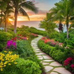 A serene pathway leading towards a visually striking paradise, with lush greenery, vibrant flowers and a glowing sunset backdrop.