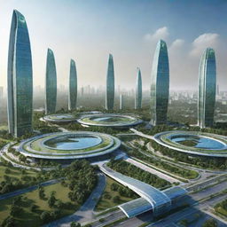 Futuristic vision of India in 2050 featuring advanced technology, green energy solutions, and modern architecture. 