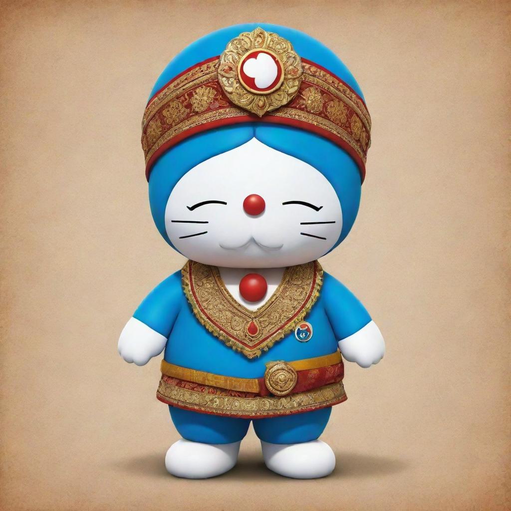 Doraemon, the beloved cartoon character, reimagined in a distinct Indian style with regional clothing and colors. 