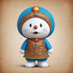 Doraemon, the beloved cartoon character, reimagined in a distinct Indian style with regional clothing and colors. 