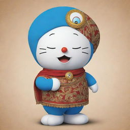 Doraemon, the beloved cartoon character, reimagined in a distinct Indian style with regional clothing and colors. 