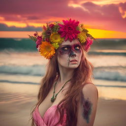 A zombie wearing a vibrant flower headpiece, entranced by a stunning sunset on a serene beach.