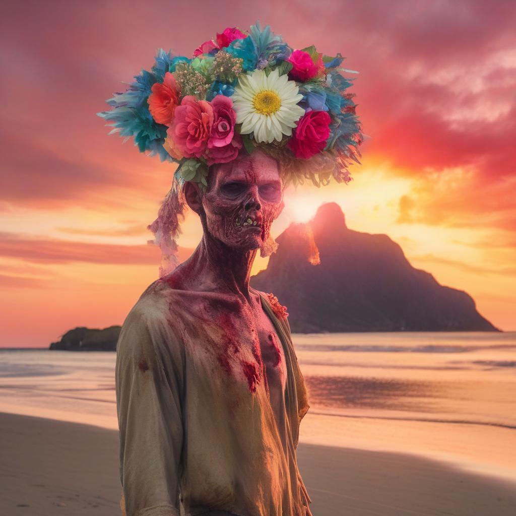 A zombie wearing a vibrant flower headpiece, entranced by a stunning sunset on a serene beach.