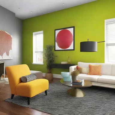 The designer chose a vibrant raddle color for the accent walls in the modern living room.