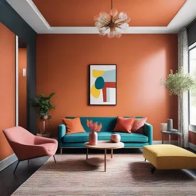 The designer chose a vibrant raddle color for the accent walls in the modern living room.
