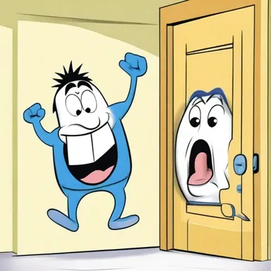 In the cartoon, the mischievous character raddles funny faces on everyone's doors.