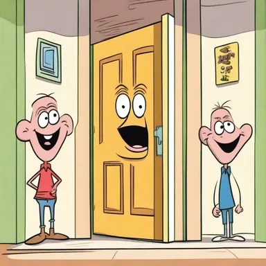 In the cartoon, the mischievous character raddles funny faces on everyone's doors.