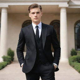 A stylish 23-year-old man outfitted in a black three-piece suit, confidently posing in front of an elegant western-style building.