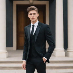 A stylish 23-year-old man outfitted in a black three-piece suit, confidently posing in front of an elegant western-style building.